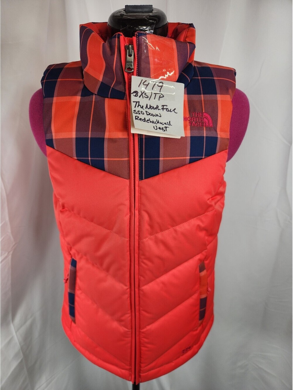 The North Face Sheka 550 Down Vest Coral Plaid Size XS New Without Tags NWT